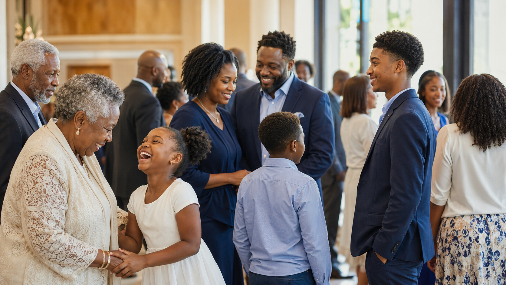 A joyful multigenerational church family gathering together
